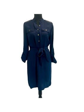 Cache navy blue long sleeve rolled cuff shirt dress Sz S